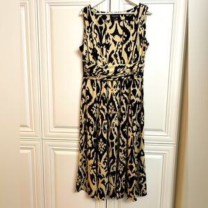 Perceptions NY Size Large Sleeveless Cream Black Gathered Waist Scoop Neck Dress